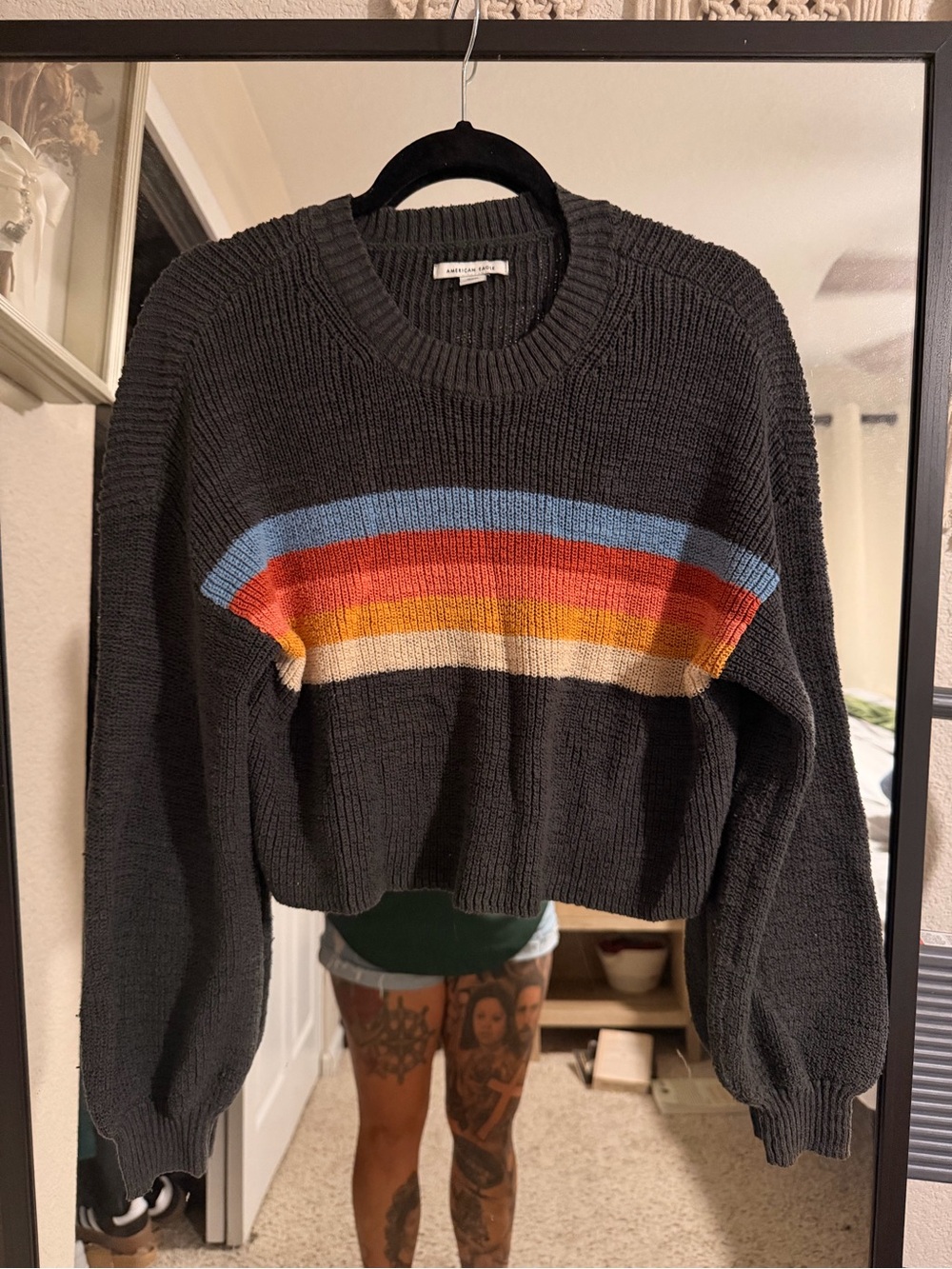 Women’s American Eagle Green Cropped Sweater with Multicolor Stripes